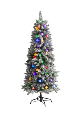 Nearly Natural 5 Foot Flocked British Columbia Mountain Fir Christmas Tree in Decorative Planter with 50 Multi Color Globe Bulbs and 379 Bendable