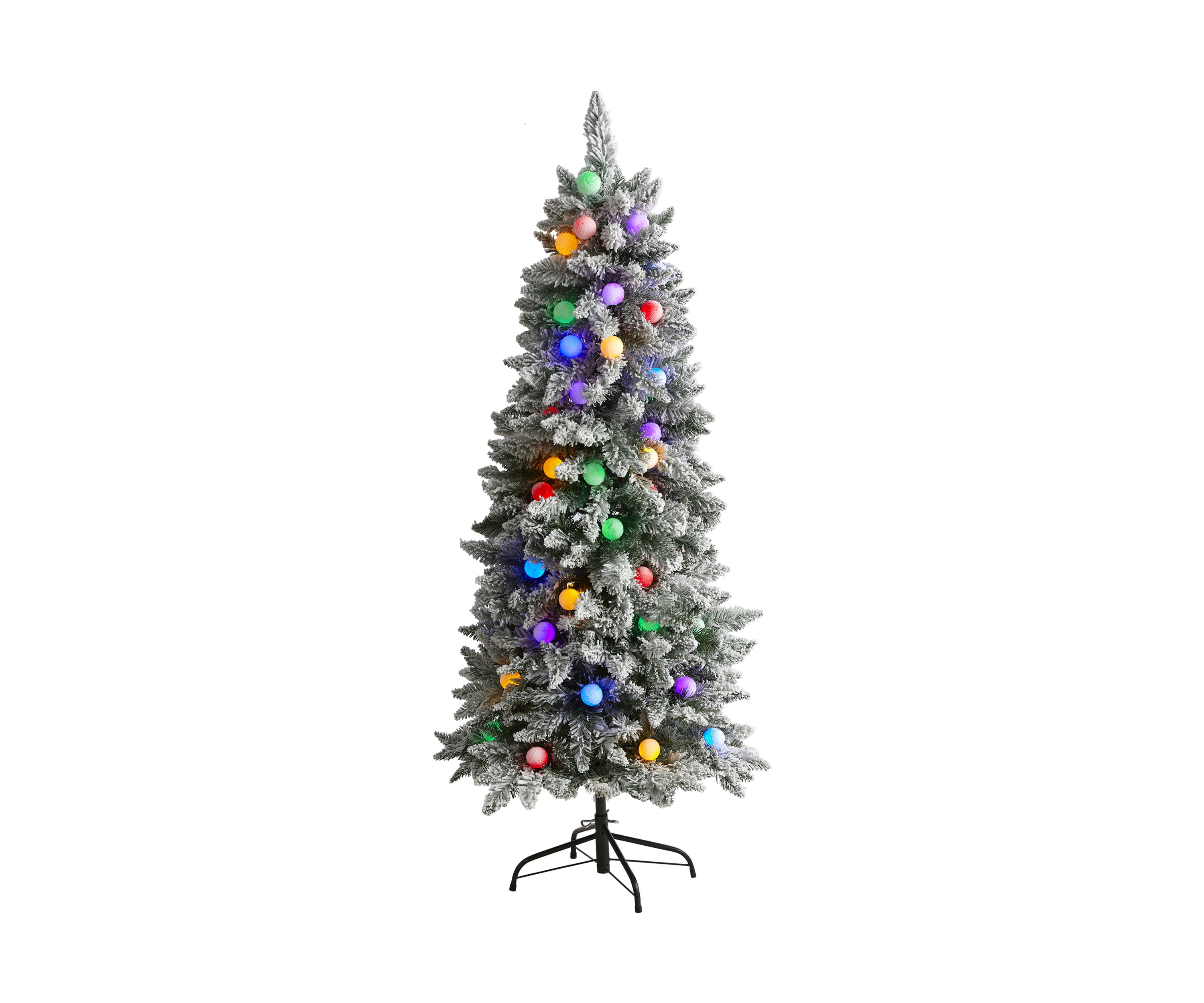 5 Foot Flocked British Columbia Mountain Fir Christmas Tree in Decorative Planter with 50 Multi Color Globe Bulbs and 379 Bendable Branches