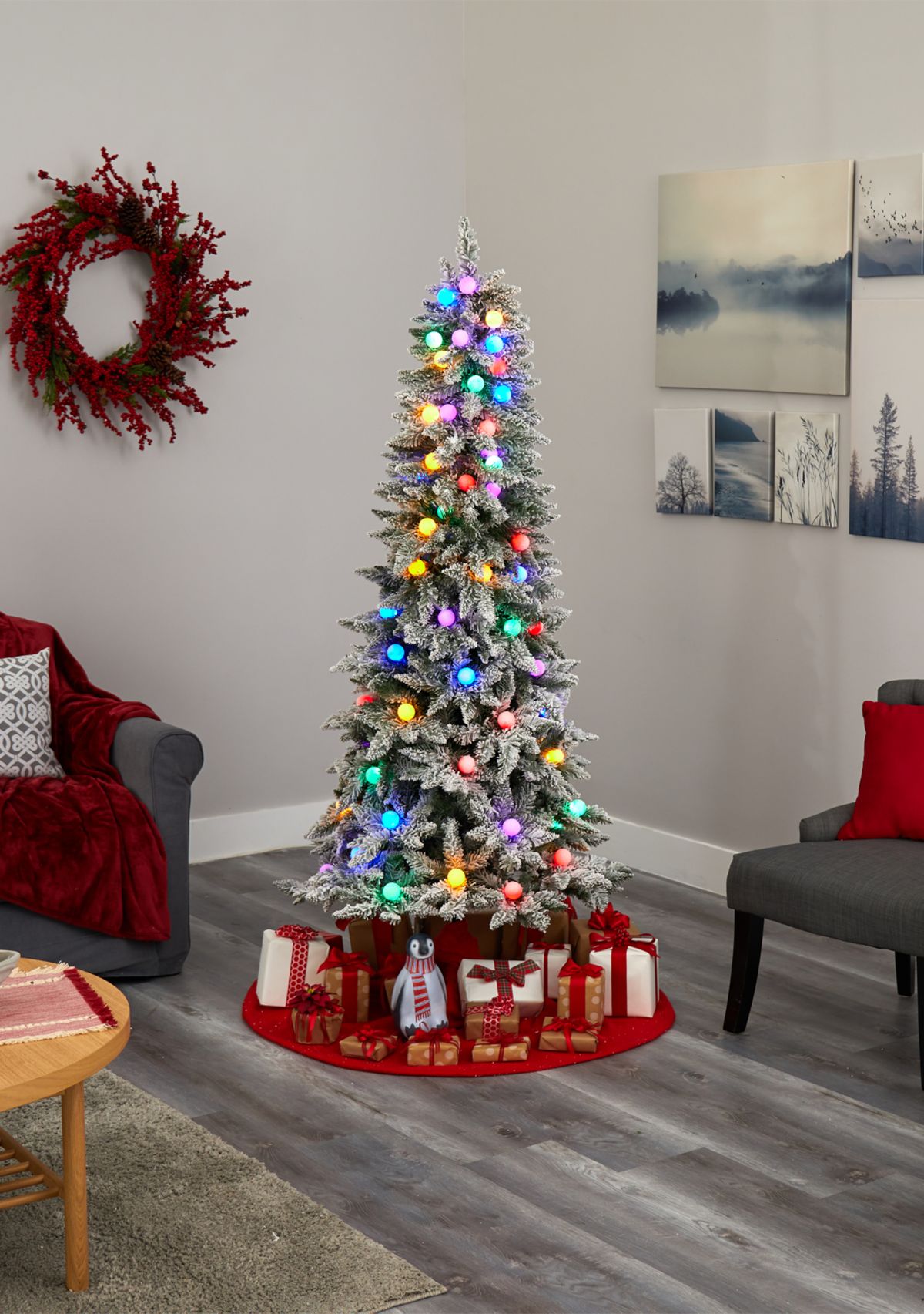 5 Foot Flocked British Columbia Mountain Fir Christmas Tree in Decorative Planter with 50 Multi Color Globe Bulbs and 379 Bendable Branches