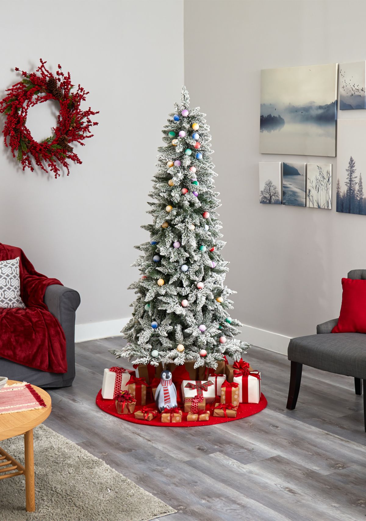 5 Foot Flocked British Columbia Mountain Fir Christmas Tree in Decorative Planter with 50 Multi Color Globe Bulbs and 379 Bendable Branches