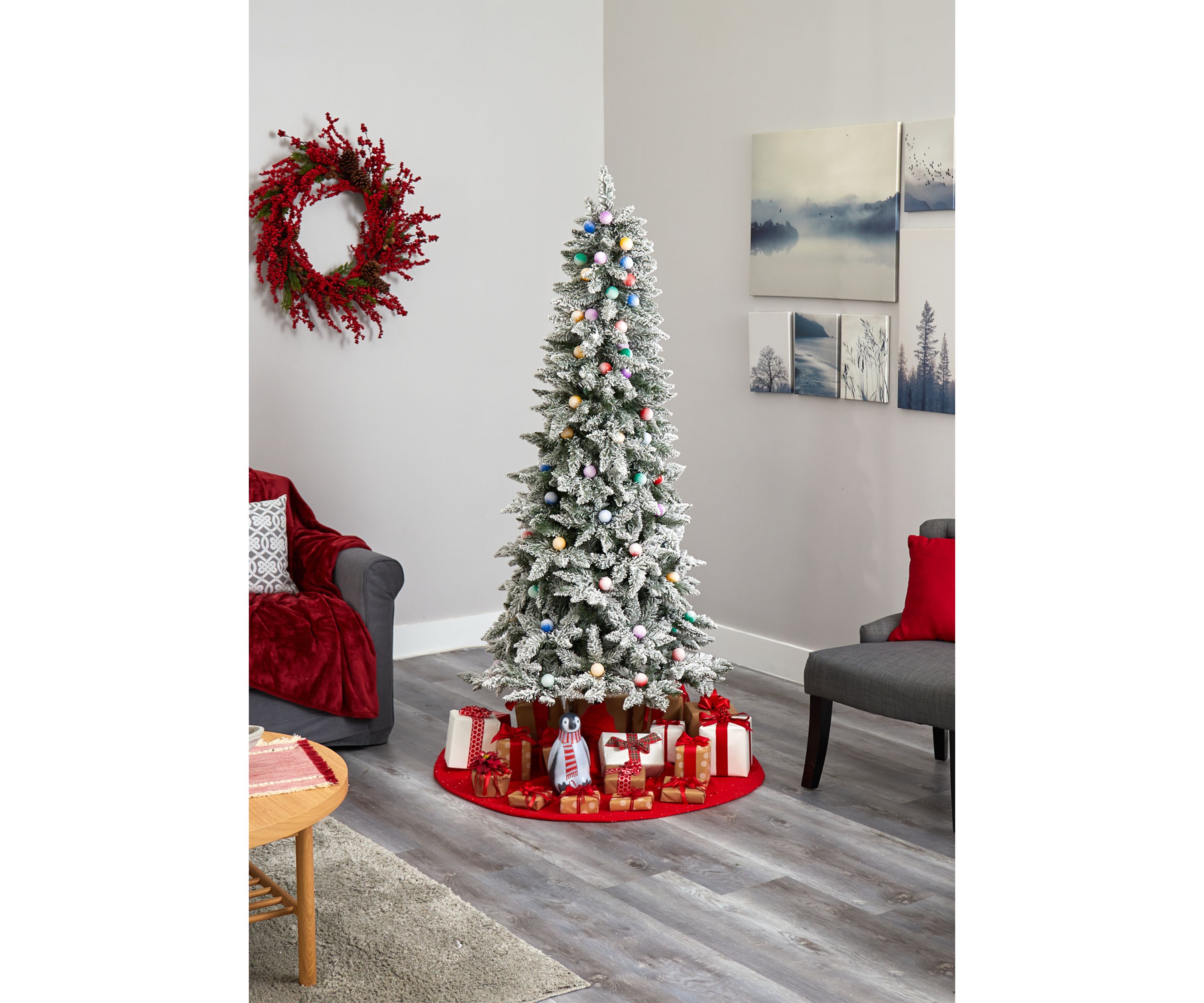 5 Foot Flocked British Columbia Mountain Fir Christmas Tree in Decorative Planter with 50 Multi Color Globe Bulbs and 379 Bendable Branches
