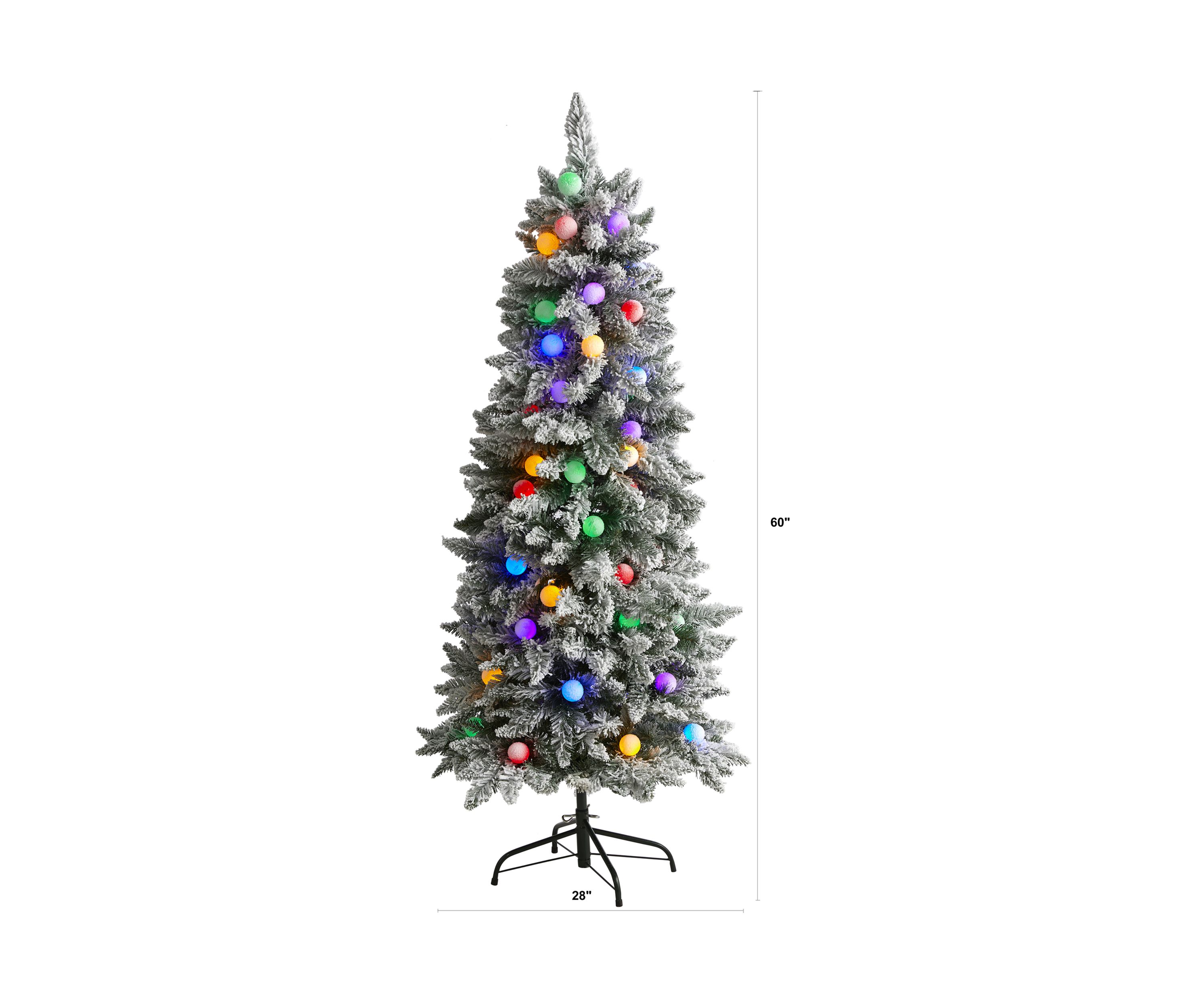 5 Foot Flocked British Columbia Mountain Fir Christmas Tree in Decorative Planter with 50 Multi Color Globe Bulbs and 379 Bendable Branches