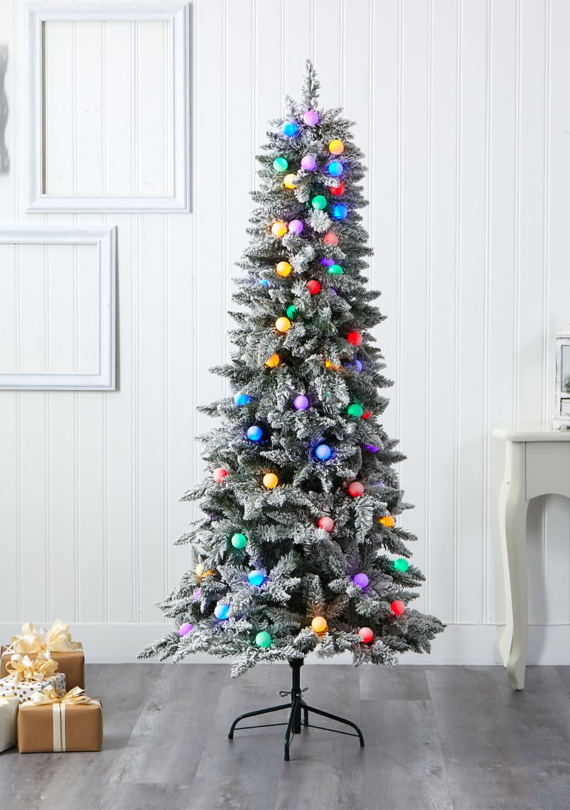 5 Foot Flocked British Columbia Mountain Fir Christmas Tree in Decorative Planter with 50 Multi Color Globe Bulbs and 379 Bendable Branches