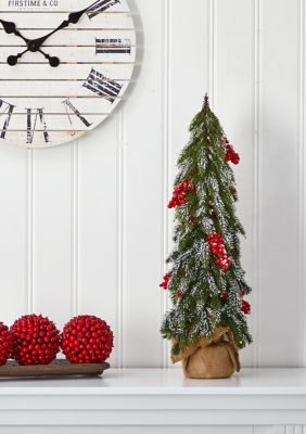 Nearly Natural 24 Inch Flocked Christmas Tree with Berries and Pine Cones, Green, 2 Foot