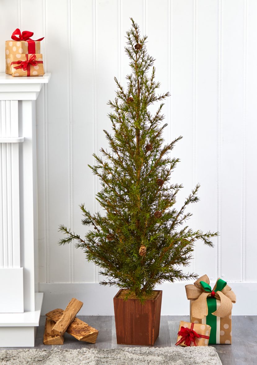 Alpine Christmas Tree in Wood Planter with Pine Cones