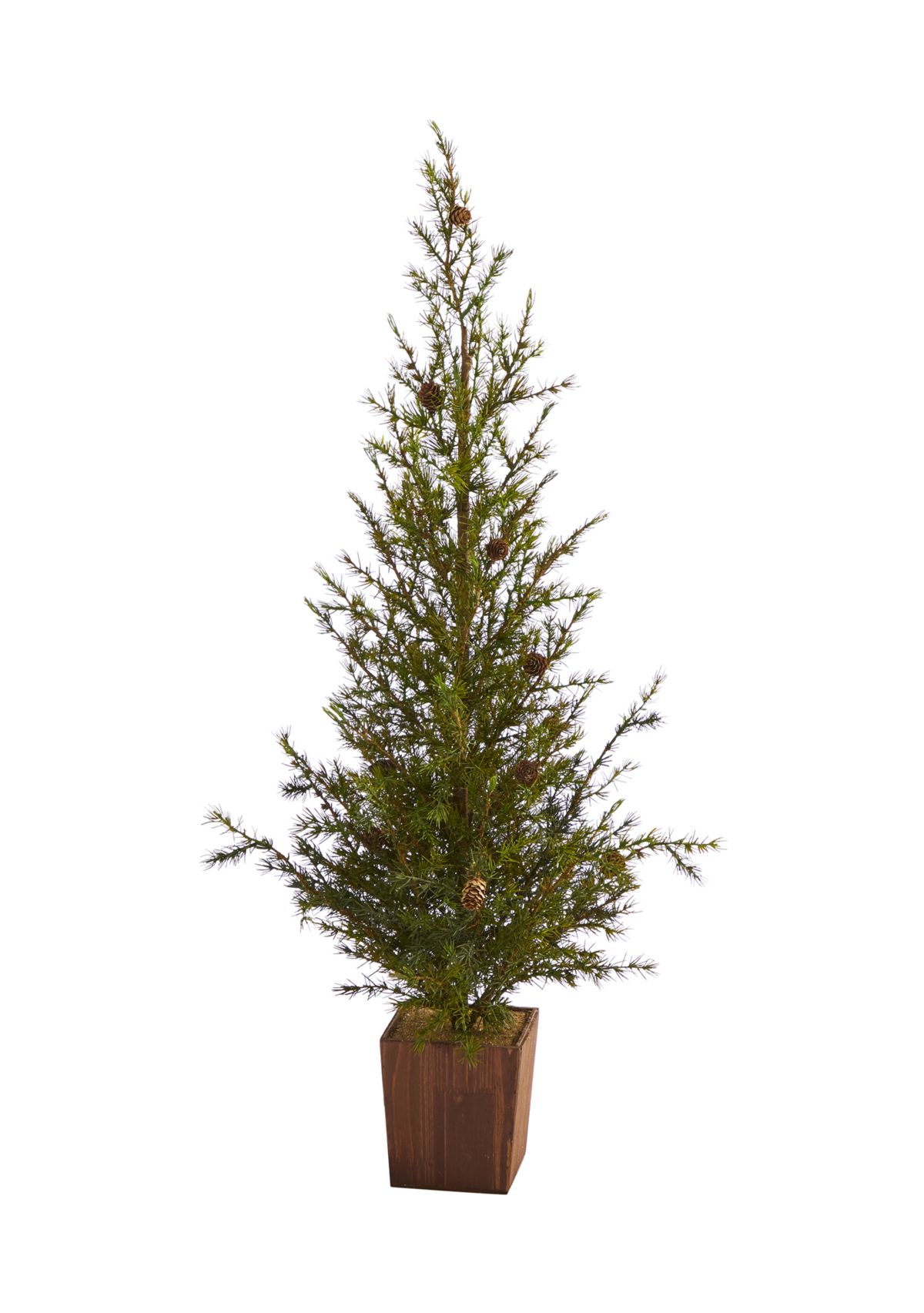 Alpine Christmas Tree in Wood Planter with Pine Cones