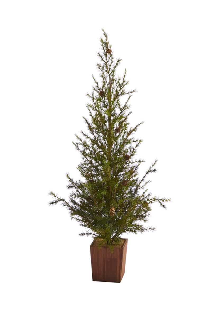 Alpine Christmas Tree in Wood Planter with Pine Cones