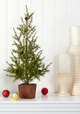 Nearly Natural 28 Inch Alpine Christmas Tree in Wood Planter, Green, 2 Foot