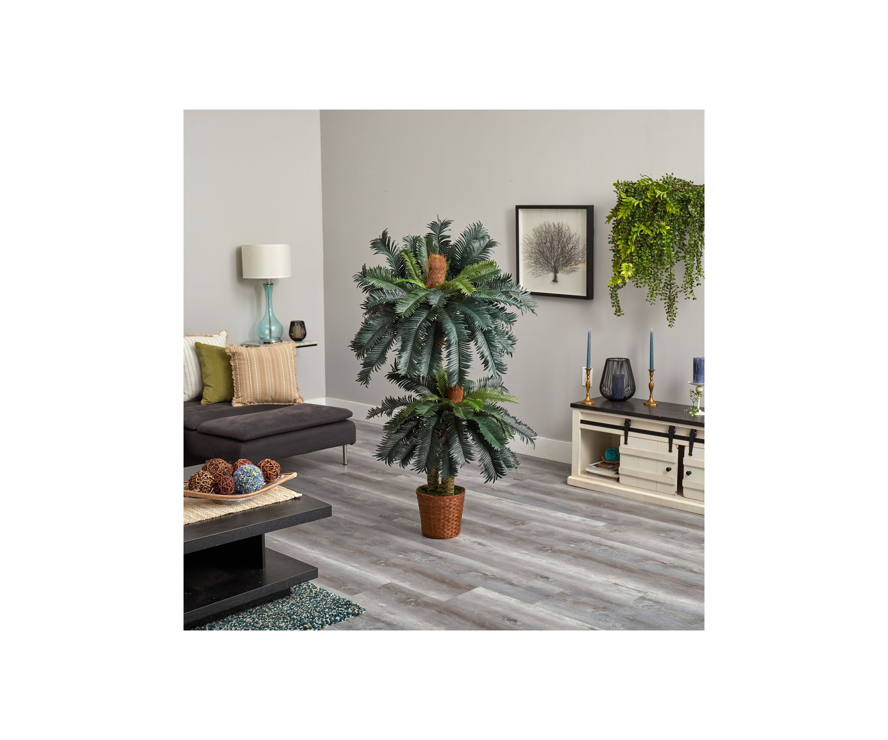 5-Foot and 3-Foot Double Sago Palm Artificial Tree with Basket