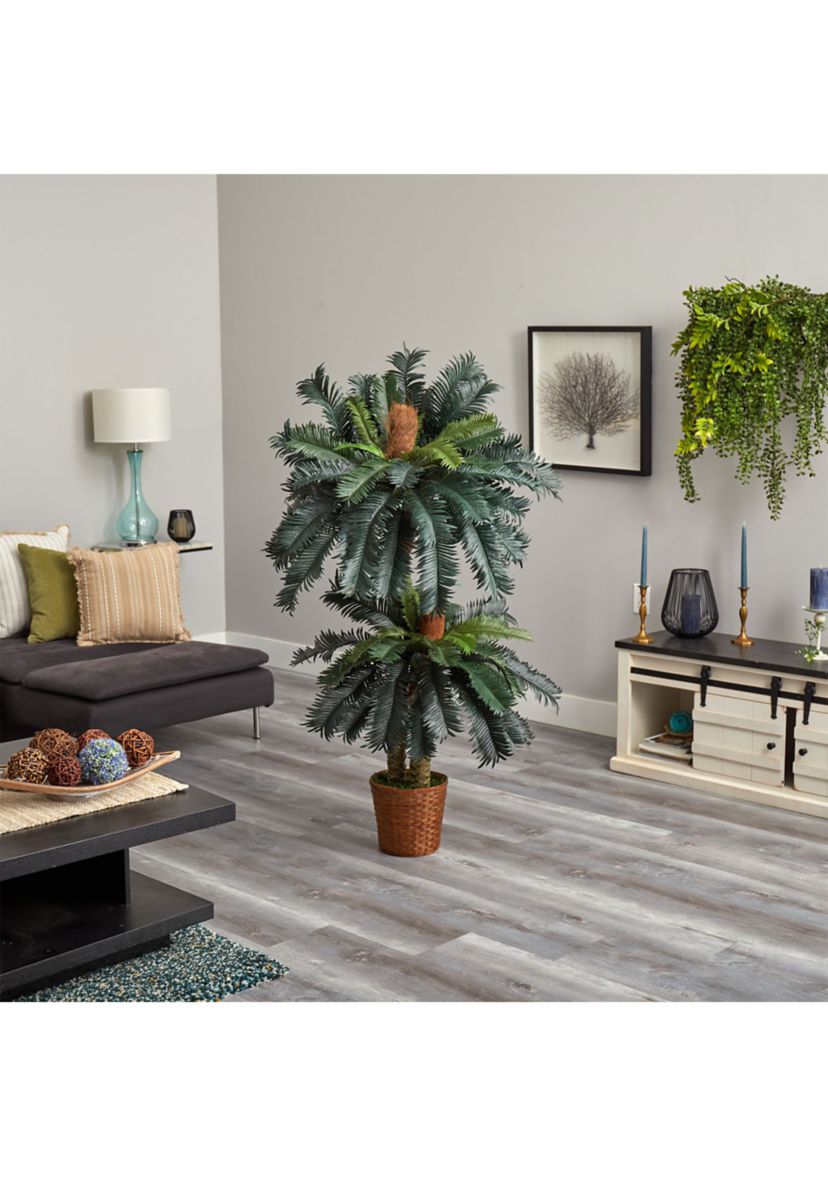 5-Foot and 3-Foot Double Sago Palm Artificial Tree with Basket