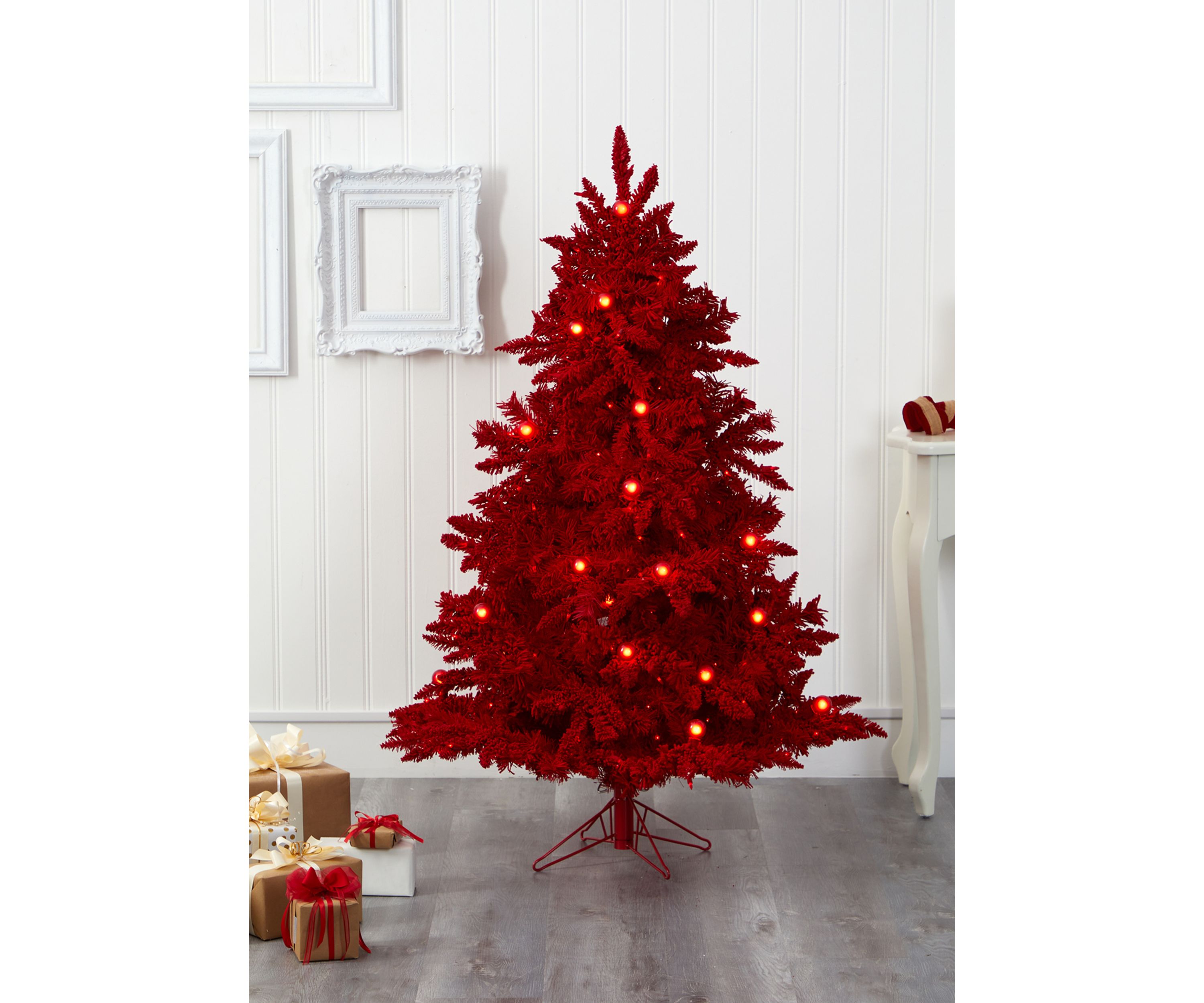 5 Foot Flocked Fraser Fir Christmas Tree with Globe Bulbs and Bendable Branches