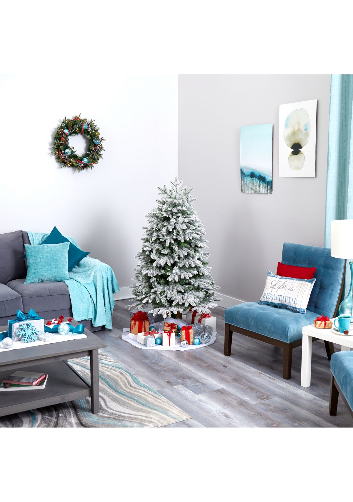 5 Foot Flocked Colorado Mountain Fir Artificial Christmas Tree with 300 Warm White Microdot (Multifunction) LED Lights with Instant Connect Technology and 511 Bendable Branches