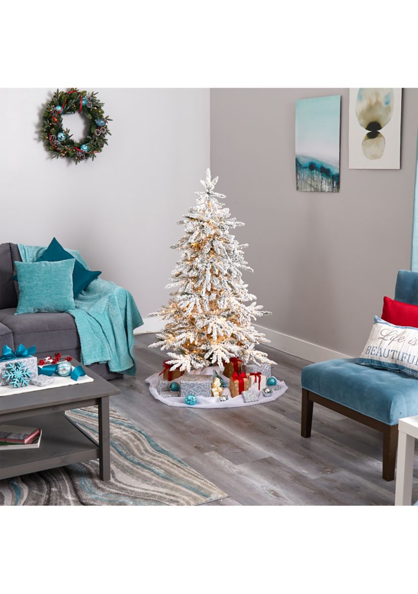 5 Foot Flocked Grand Northern Rocky Fir Artificial Christmas Tree with 650 Warm Micro (Multifunction with Remote Control) LED Lights, Instant Connect Technology and 386 Bendable Branches