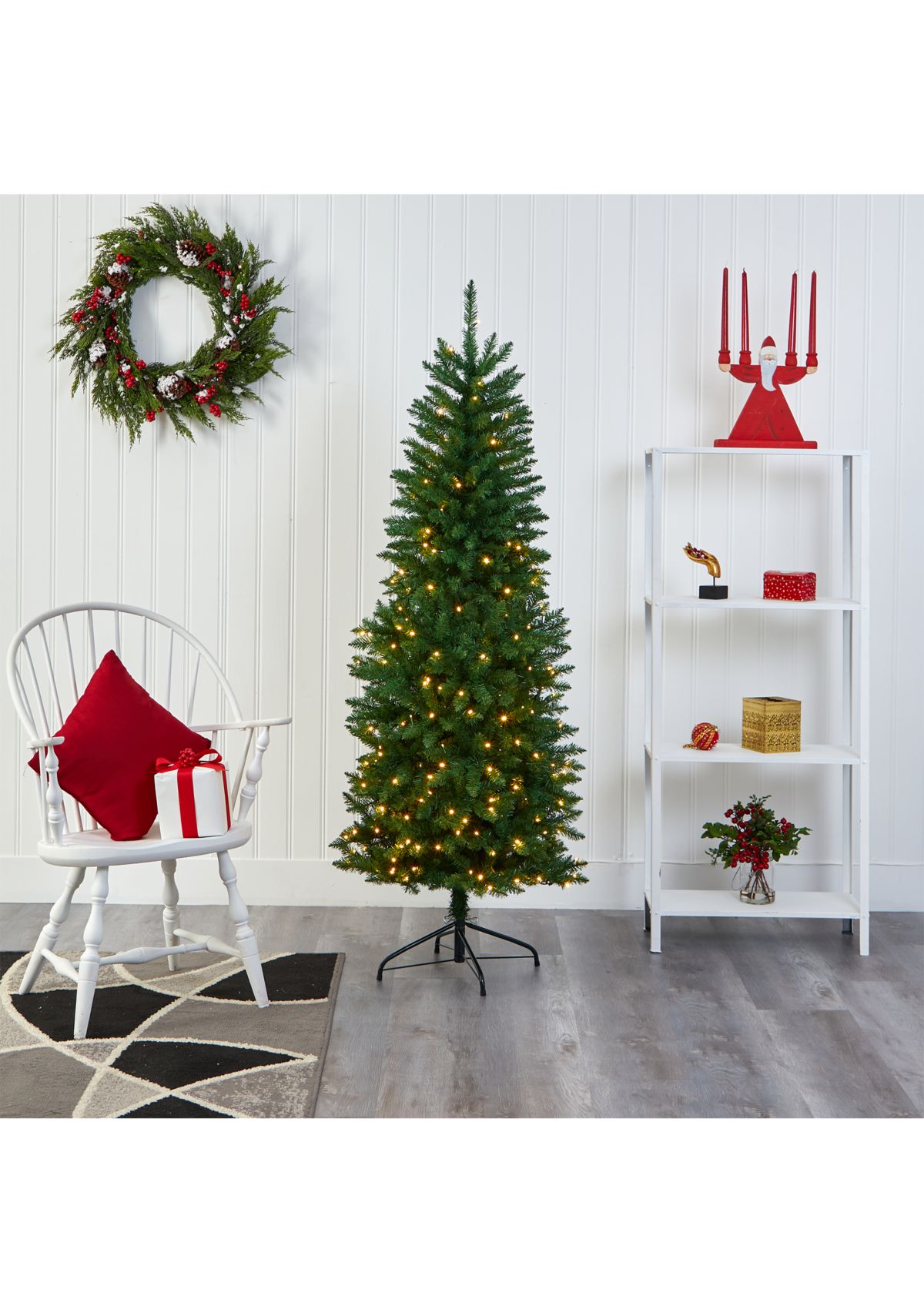 6 Foot Slim Green Mountain Pine Artificial Christmas Tree with 250 Clear LED Lights