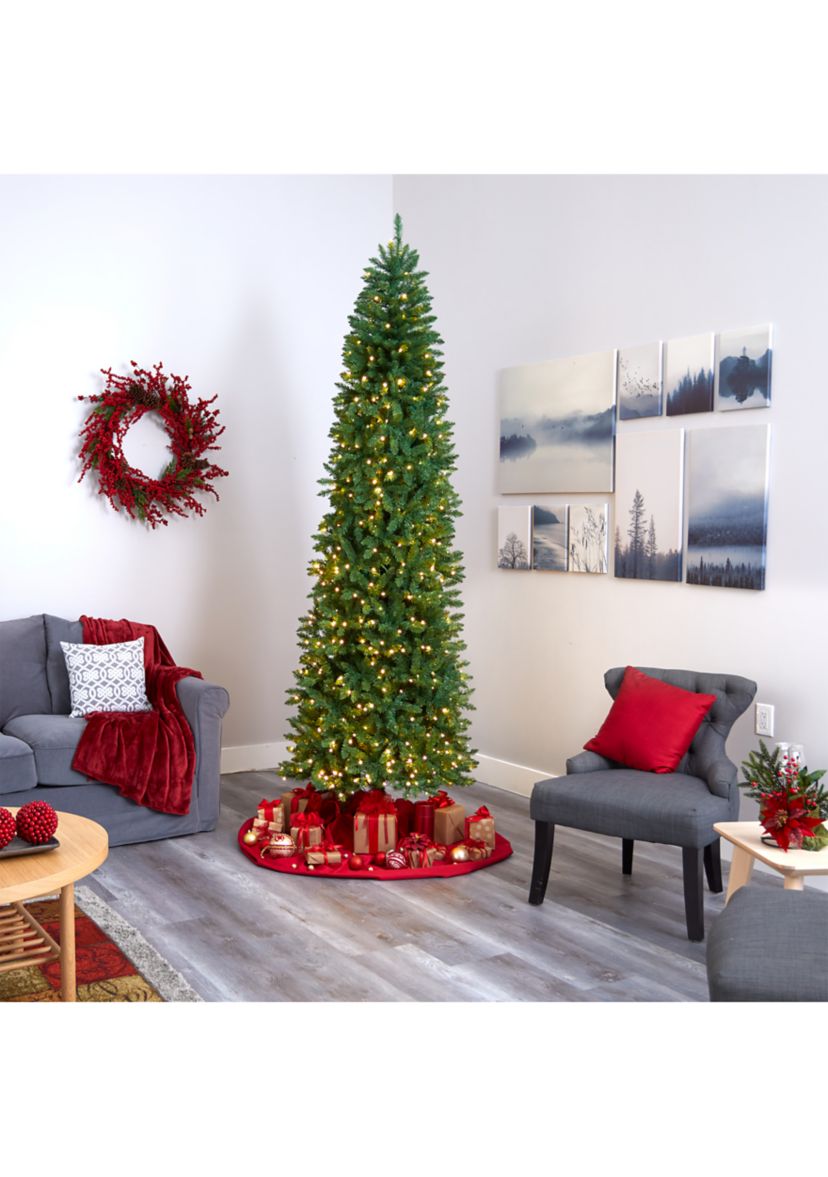 9 Foot Slim Green Mountain Pine Artificial Christmas Tree with 600 Clear LED Lights