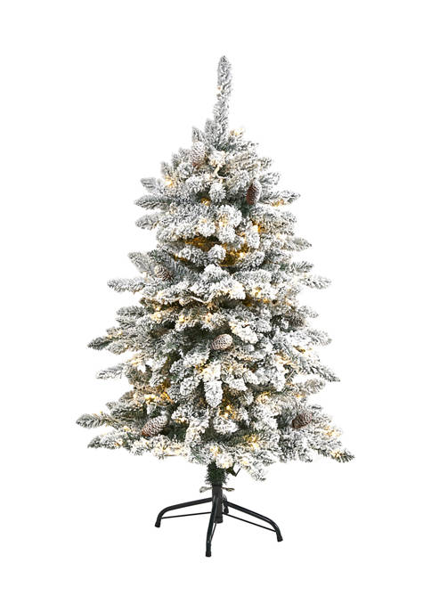4 Foot Flocked Livingston Fir Artificial Christmas Tree with Pine Cones and 150 Clear Warm LED Lights