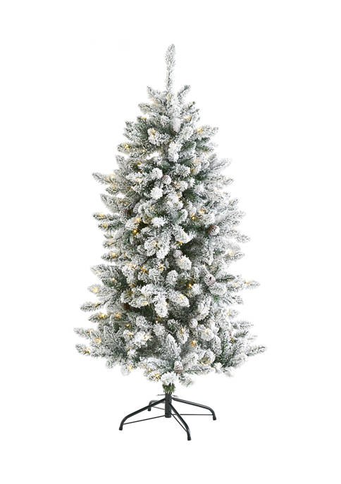 5 Foot Flocked Livingston Fir Artificial Christmas Tree with Pine Cones and 200 Clear Warm LED Lights