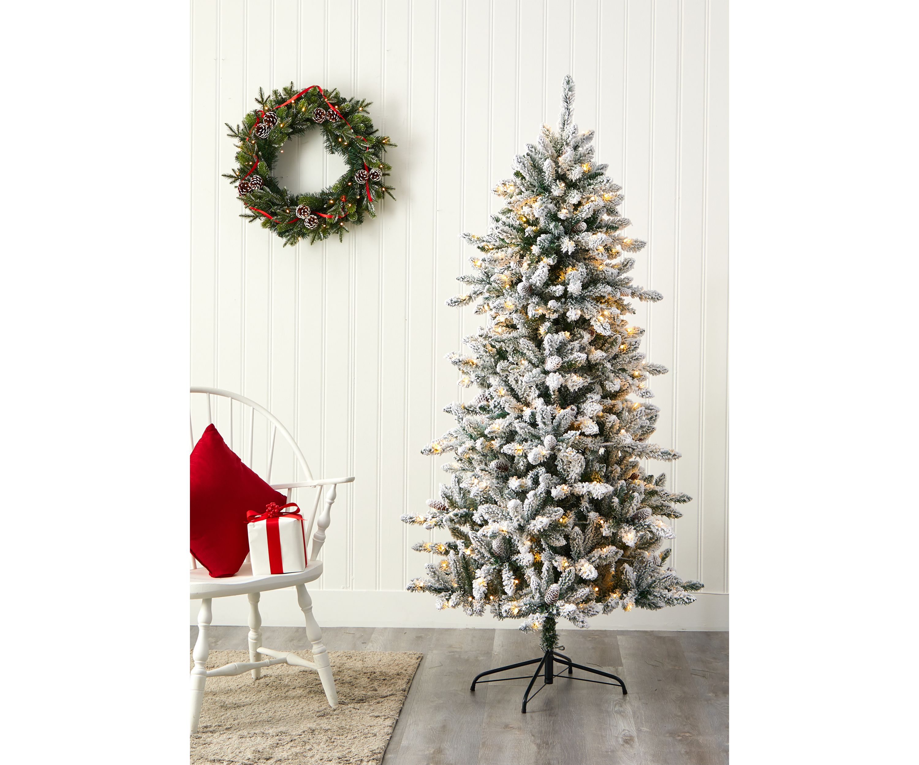 6 Foot Flocked Livingston Fir Artificial Christmas Tree with Pine Cones and 300 Clear Warm LED Lights