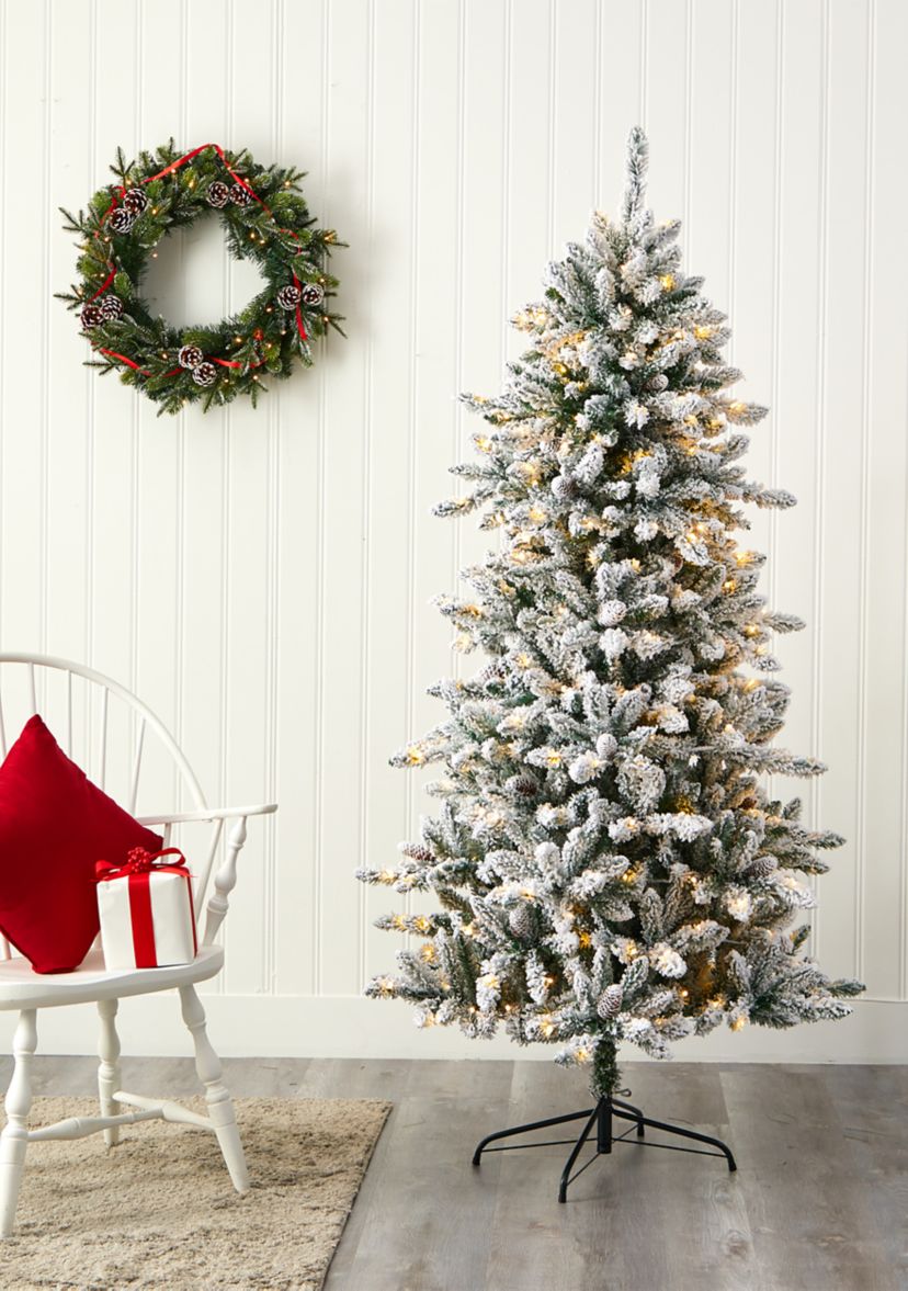 6 Foot Flocked Livingston Fir Artificial Christmas Tree with Pine Cones and 300 Clear Warm LED Lights
