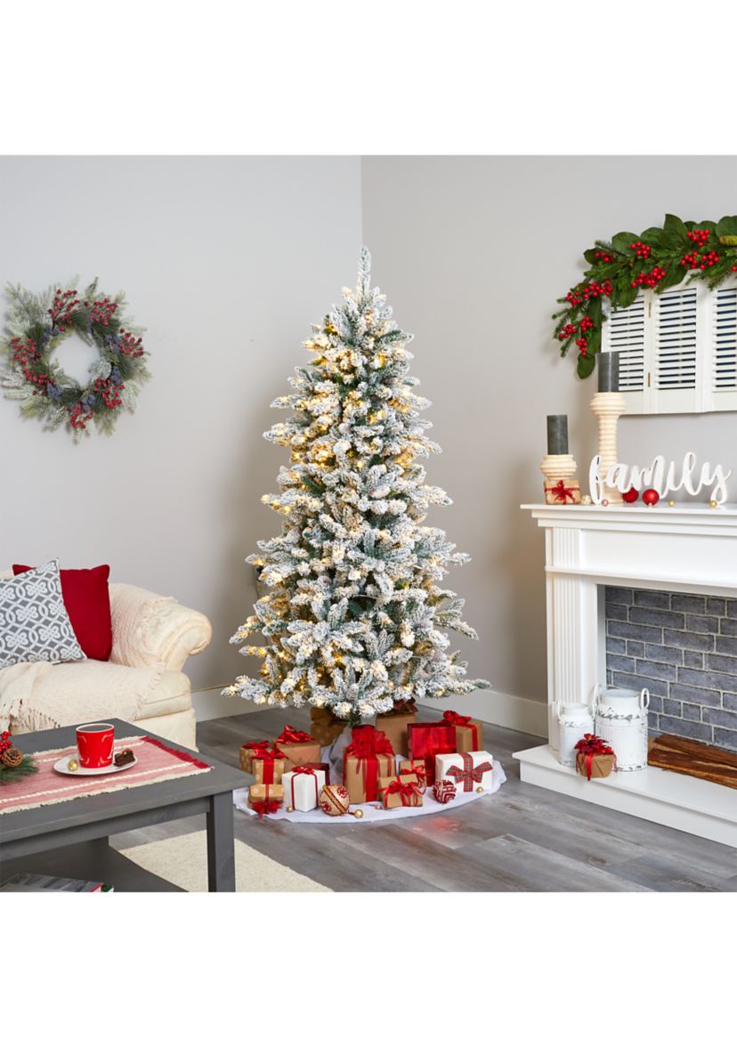 6 Foot Flocked Livingston Fir Artificial Christmas Tree with Pine Cones and 300 Clear Warm LED Lights