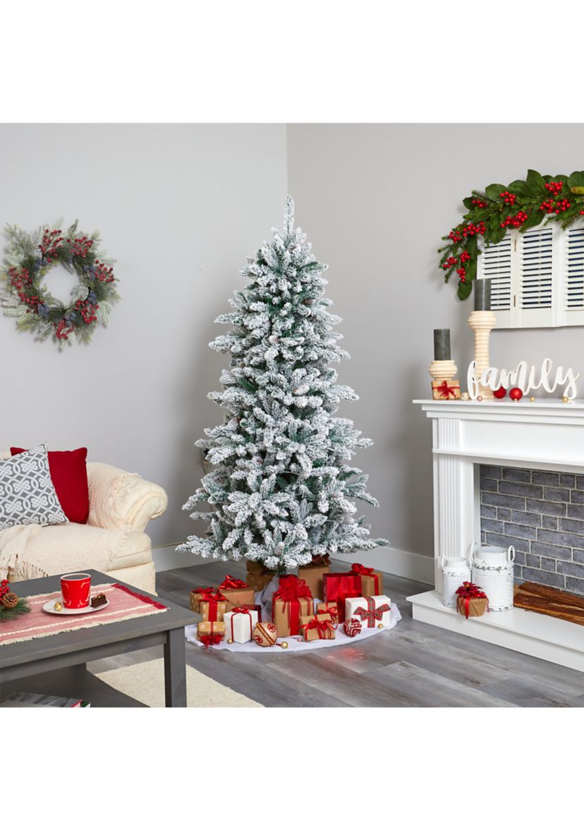 6.5 Foot Flocked Livingston Fir Artificial Christmas Tree with Pine Cones and 300 Clear Warm LED Lights