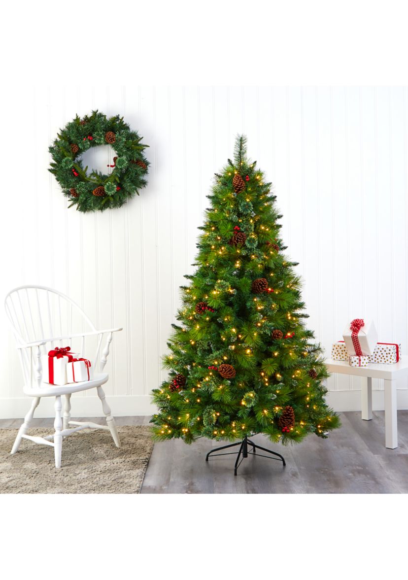 6 Foot Montana Mixed Pine Artificial Christmas Tree with Pine Cones, Berries and 350 Clear LED Lights