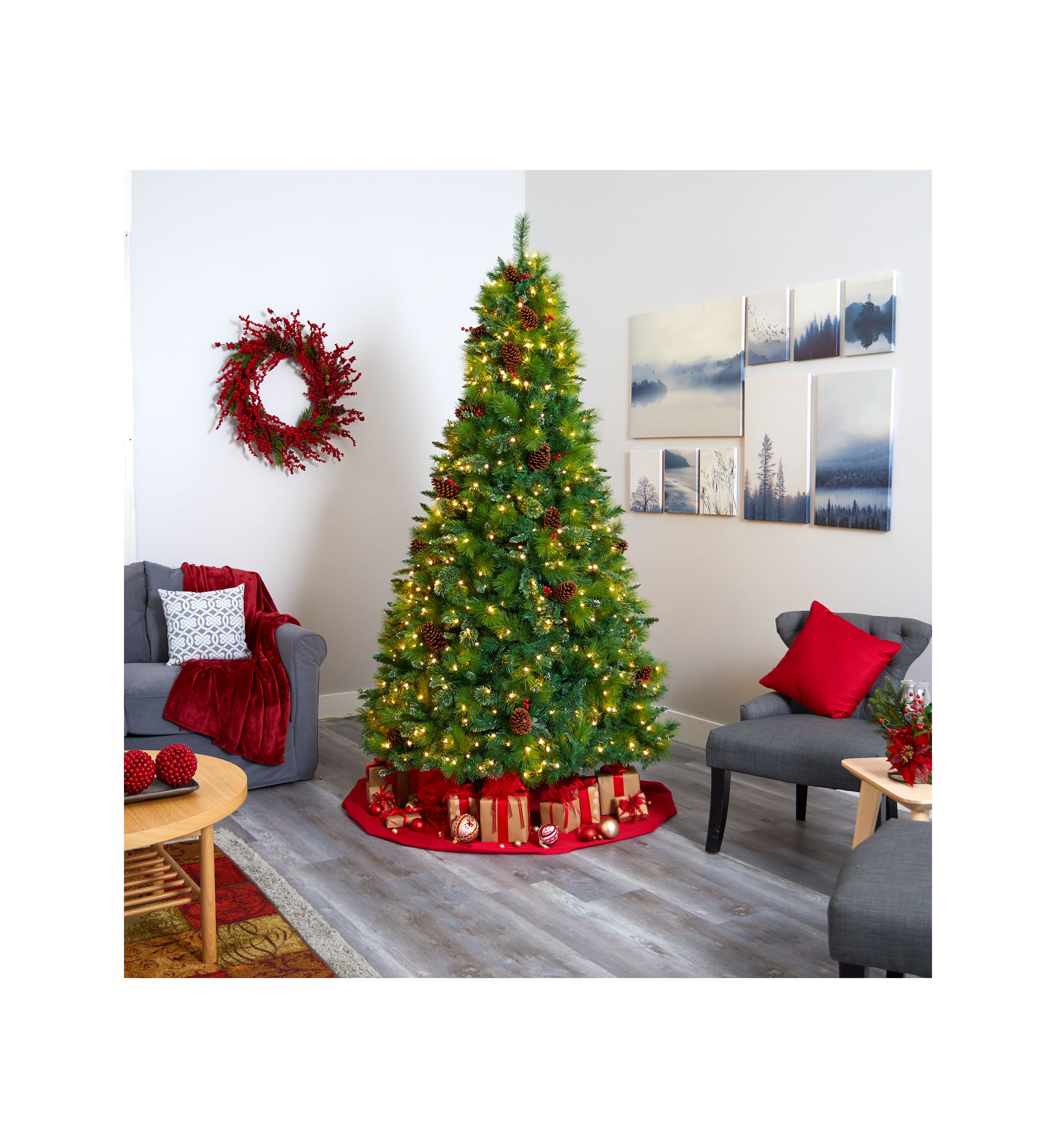 8 Foot Montana Mixed Pine Artificial Christmas Tree with Pine Cones, Berries and 700 Clear LED Lights