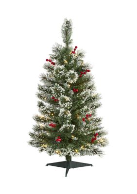 Nearly Natural 3 Foot Frosted Swiss Pine Artificial Christmas Tree with 50 Clear LED Lights and Berries, Green