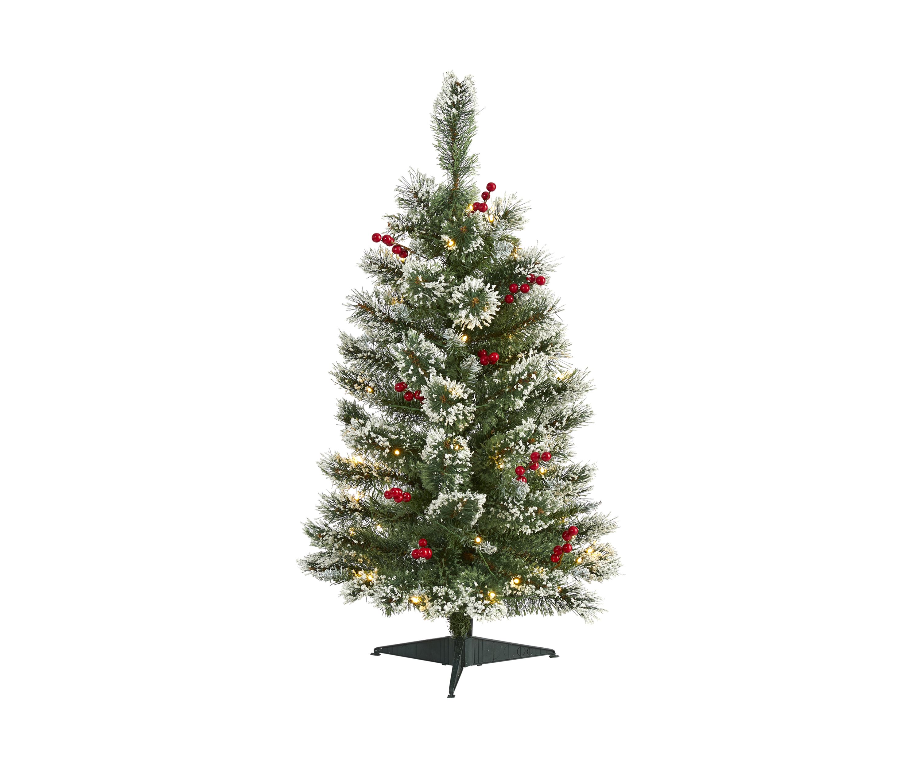 3 Foot Frosted Swiss Pine Artificial Christmas Tree with 50 Clear LED Lights and Berries