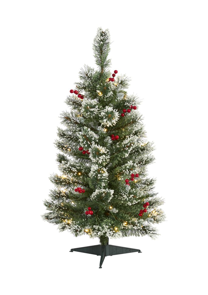 3 Foot Frosted Swiss Pine Artificial Christmas Tree with 50 Clear LED Lights and Berries
