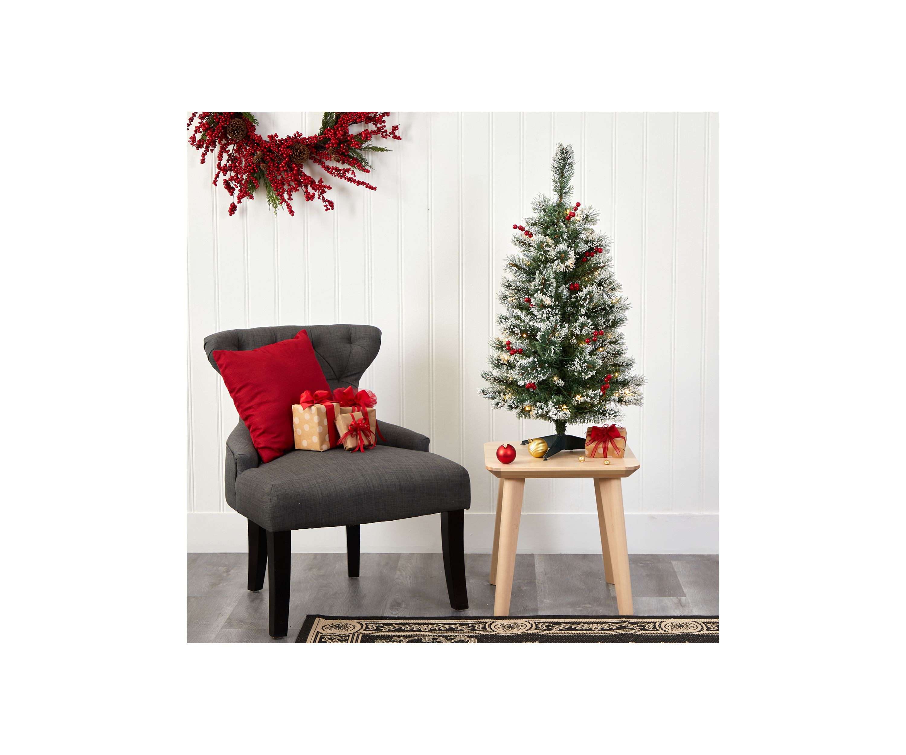 3 Foot Frosted Swiss Pine Artificial Christmas Tree with 50 Clear LED Lights and Berries