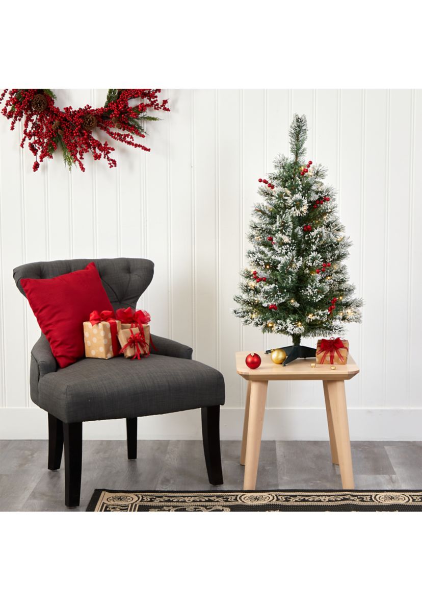 3 Foot Frosted Swiss Pine Artificial Christmas Tree with 50 Clear LED Lights and Berries