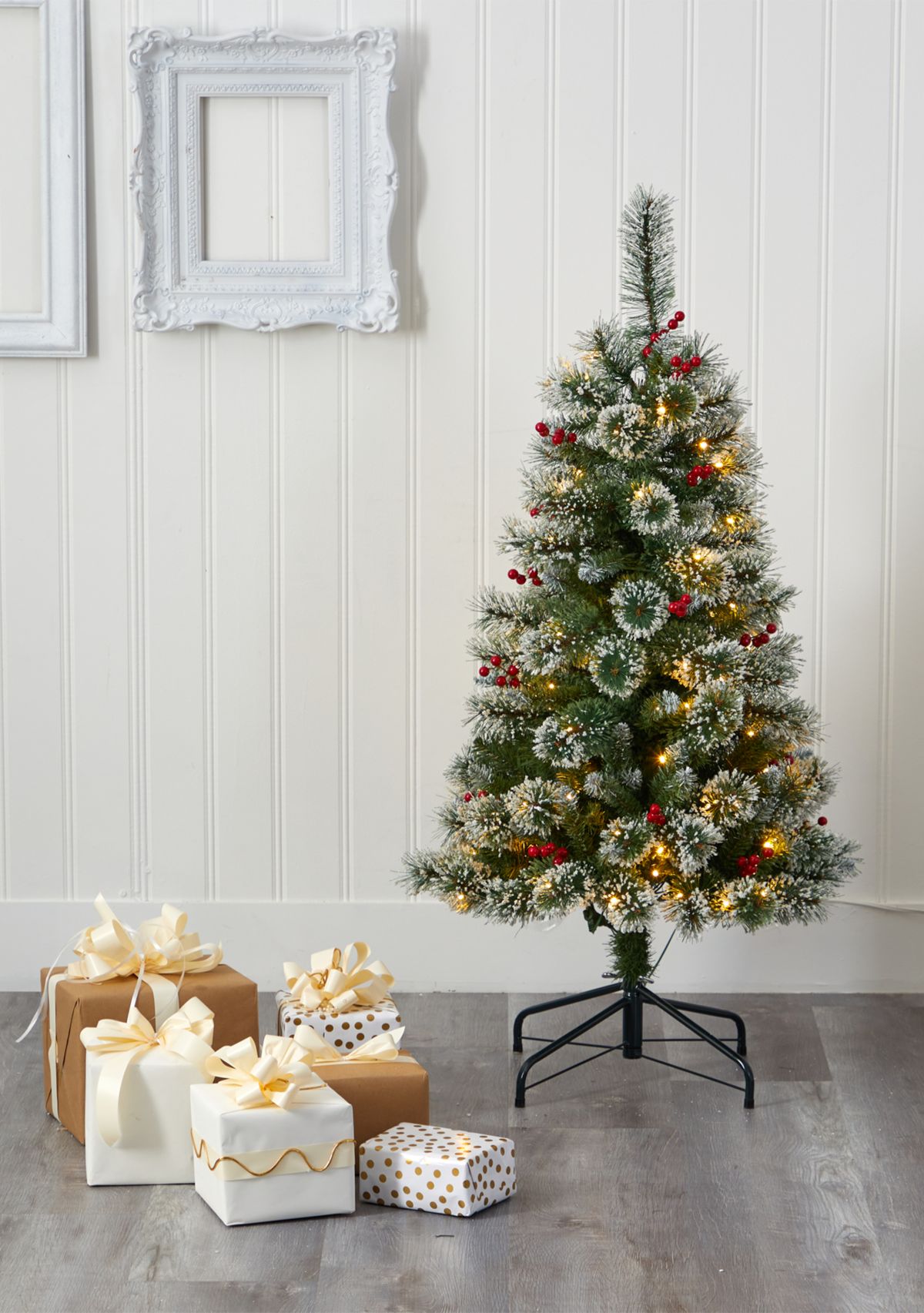 4 Foot Frosted Swiss Pine Artificial Christmas Tree with 100 Clear LED Lights and Berries