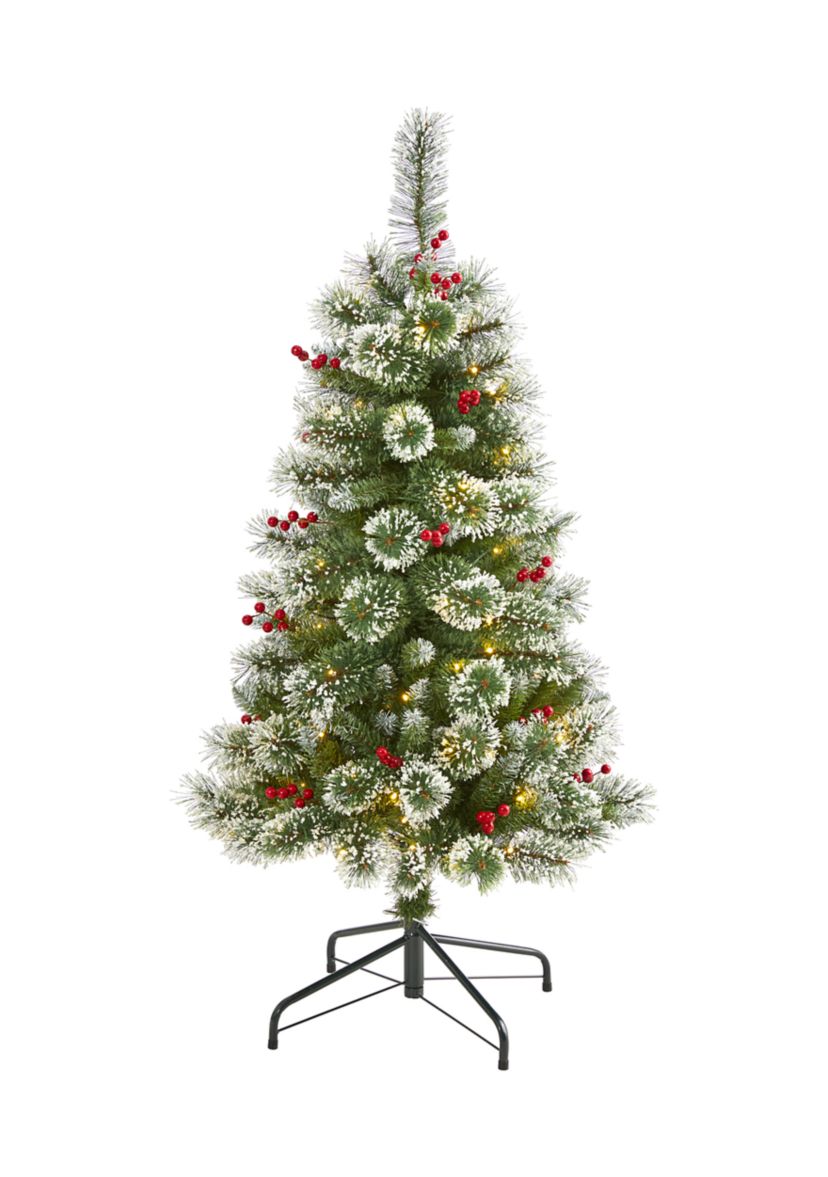 4 Foot Frosted Swiss Pine Artificial Christmas Tree with 100 Clear LED Lights and Berries