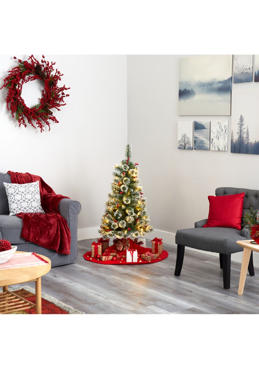 4 Foot Frosted Swiss Pine Artificial Christmas Tree with 100 Clear LED Lights and Berries