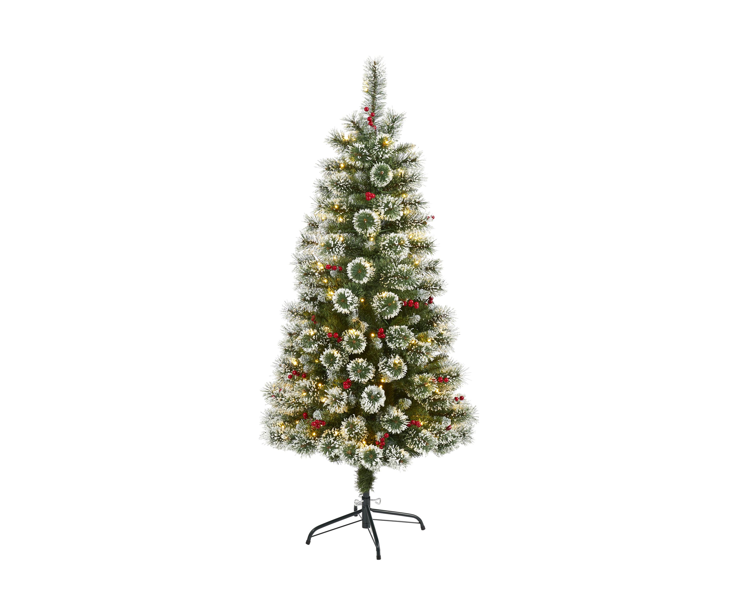 5 Foot Frosted Swiss Pine Artificial Christmas Tree with 200 Clear LED Lights and Berries