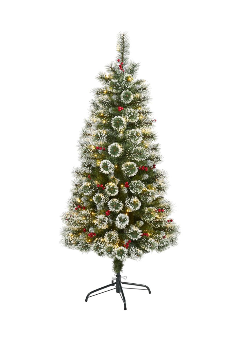 5 Foot Frosted Swiss Pine Artificial Christmas Tree with 200 Clear LED Lights and Berries
