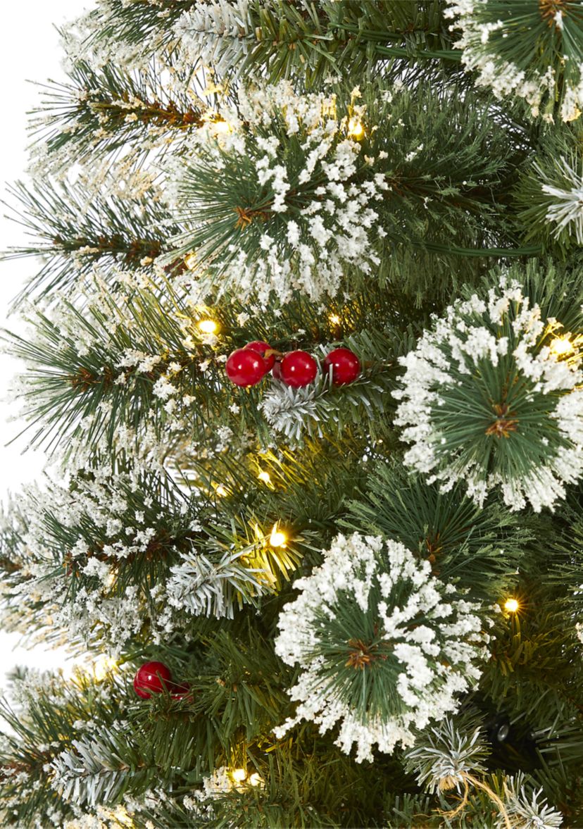 5 Foot Frosted Swiss Pine Artificial Christmas Tree with 200 Clear LED Lights and Berries