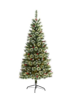 Nearly Natural 6 Foot Frosted Swiss Pine Artificial Christmas Tree with 300 Clear LED Lights and Berries