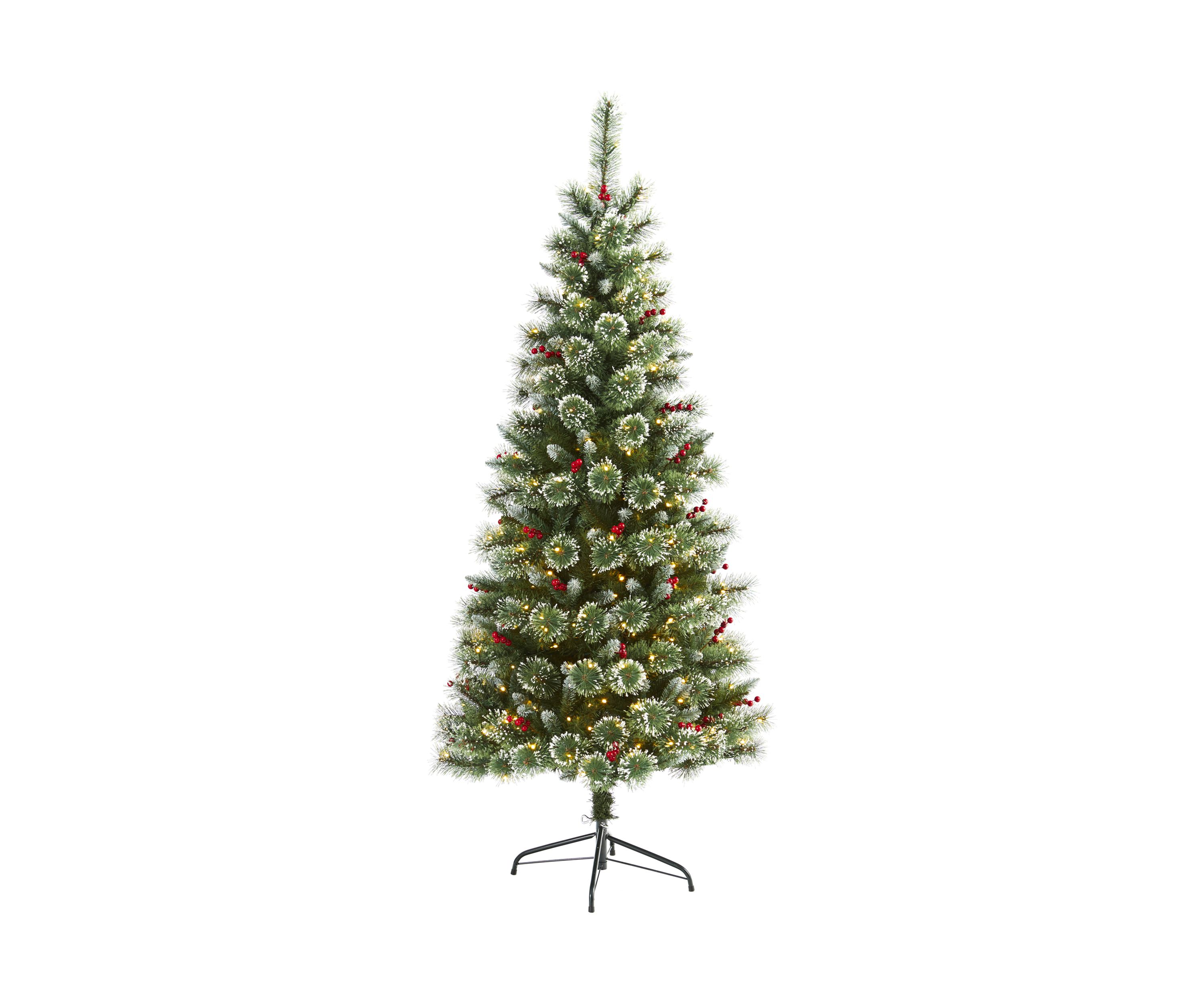 6 Foot Frosted Swiss Pine Artificial Christmas Tree with 300 Clear LED Lights and Berries