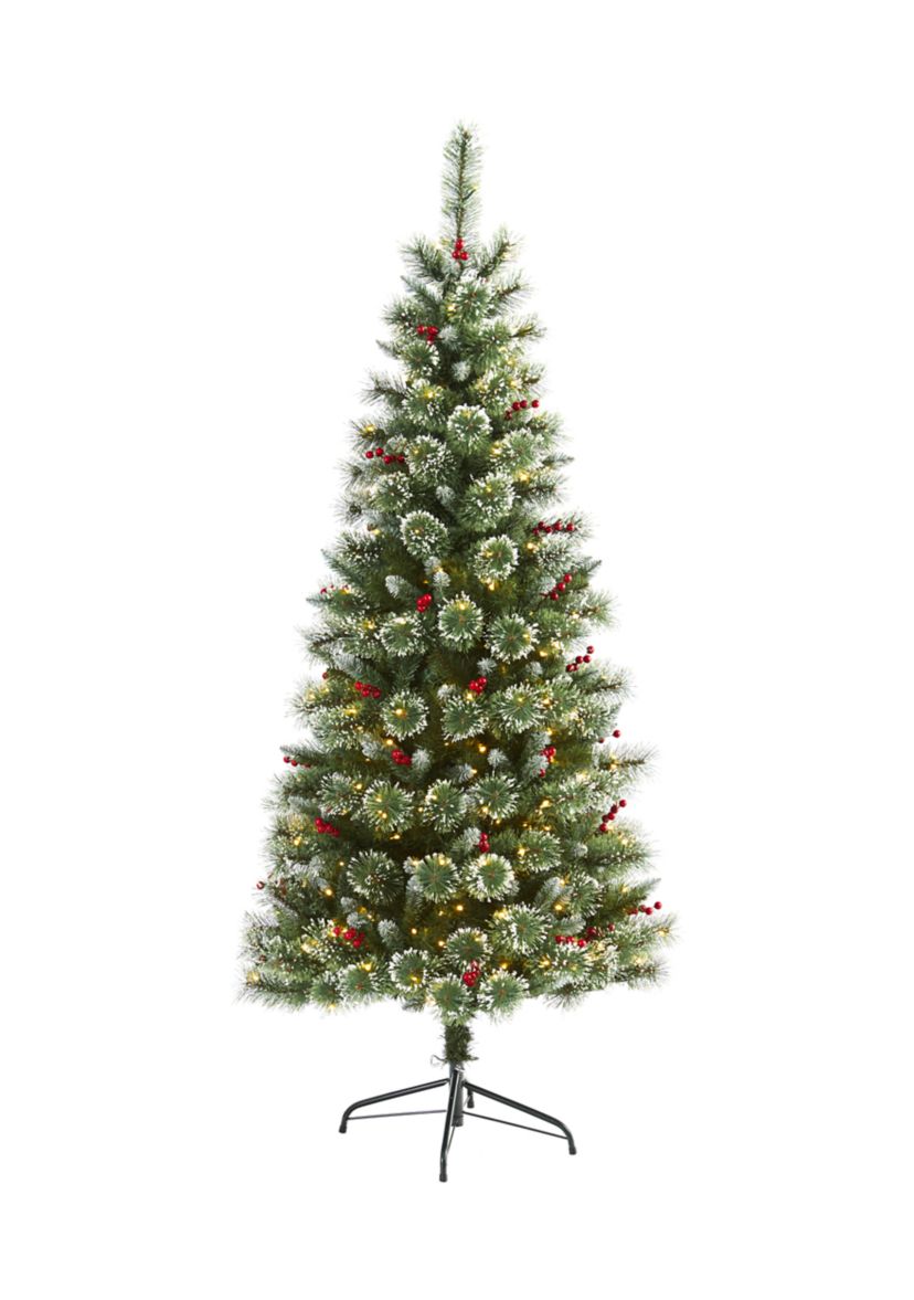 6 Foot Frosted Swiss Pine Artificial Christmas Tree with 300 Clear LED Lights and Berries