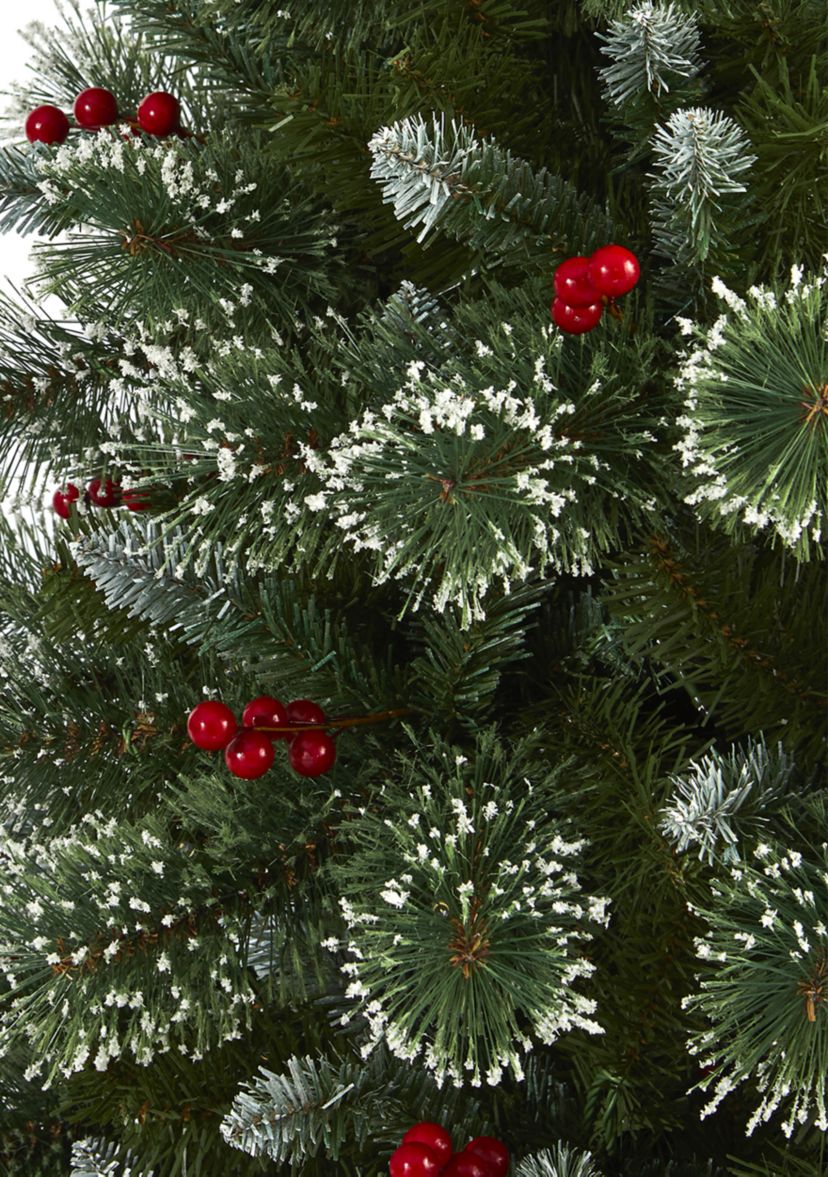 6 Foot Frosted Swiss Pine Artificial Christmas Tree with 300 Clear LED Lights and Berries