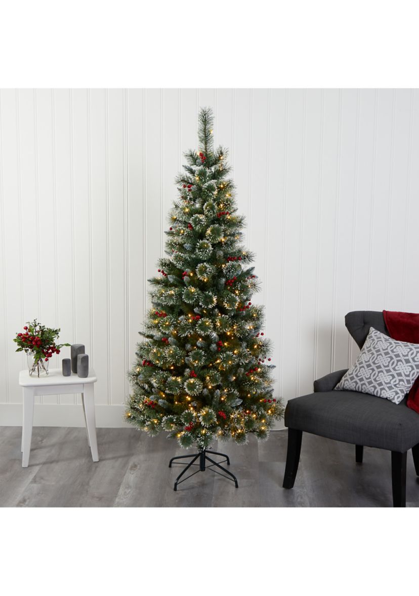 6 Foot Frosted Swiss Pine Artificial Christmas Tree with 300 Clear LED Lights and Berries