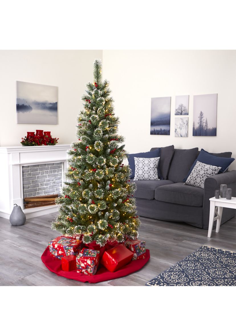6 Foot Frosted Swiss Pine Artificial Christmas Tree with 300 Clear LED Lights and Berries