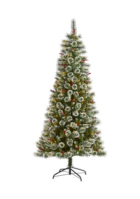 7 Foot Frosted Swiss Pine Artificial Christmas Tree with 400 Clear LED Lights and Berries