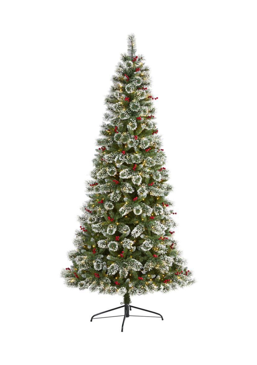 8 Foot Frosted Swiss Pine Artificial Christmas Tree with 550 Clear LED Lights and Berries