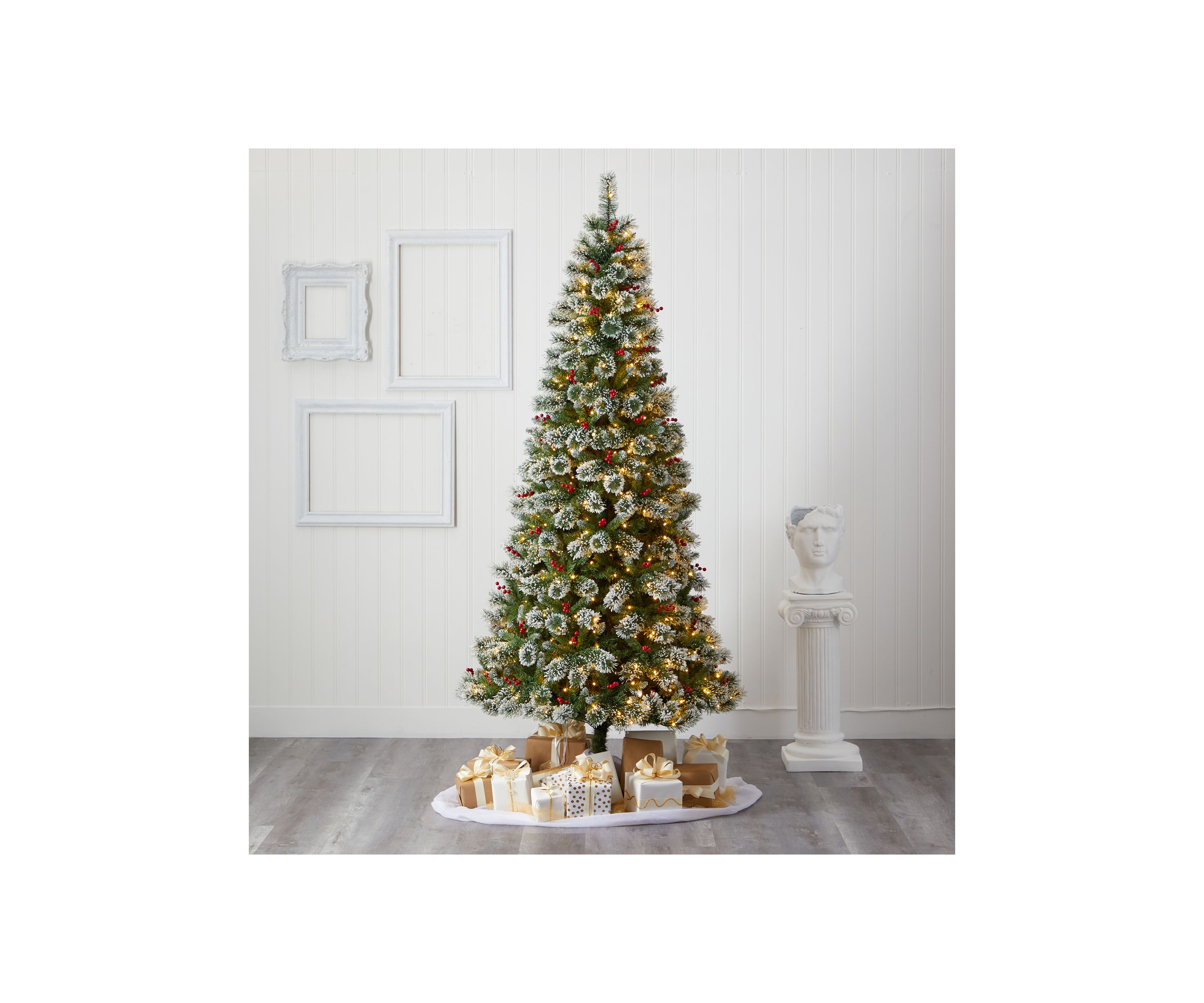 8 Foot Frosted Swiss Pine Artificial Christmas Tree with 550 Clear LED Lights and Berries