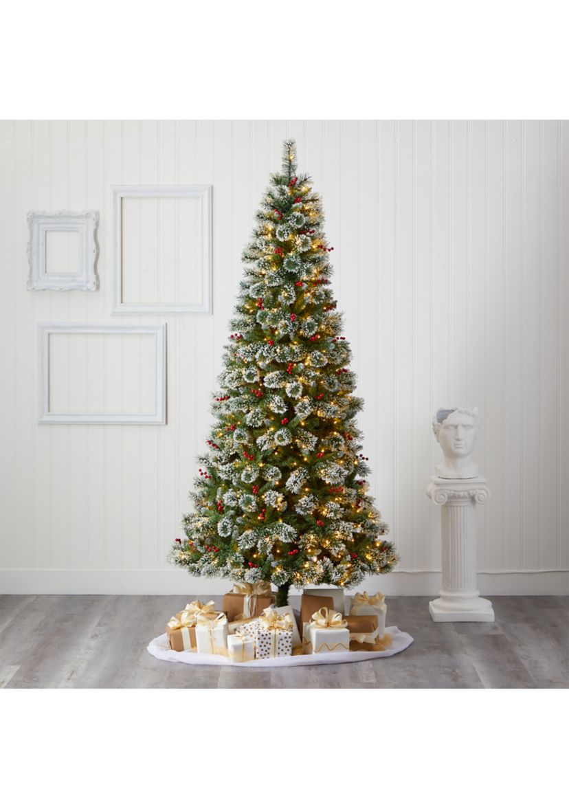 8 Foot Frosted Swiss Pine Artificial Christmas Tree with 550 Clear LED Lights and Berries