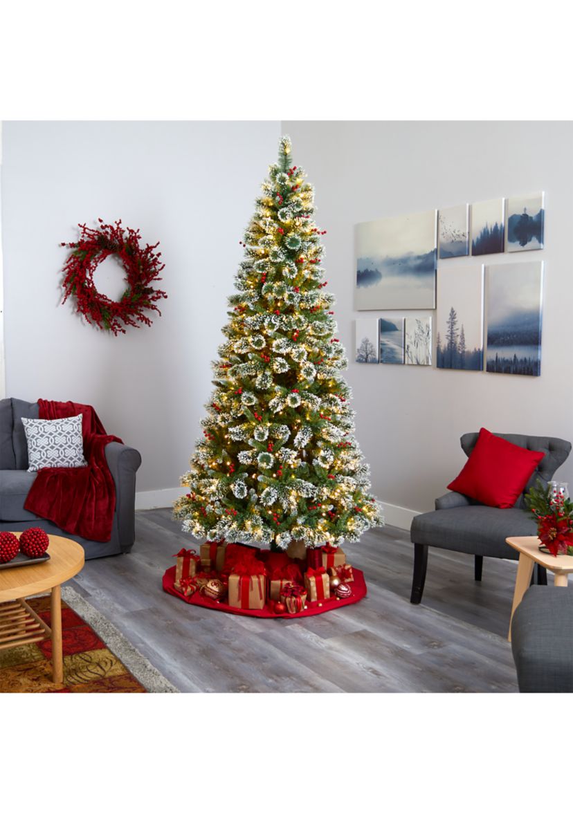 8 Foot Frosted Swiss Pine Artificial Christmas Tree with 550 Clear LED Lights and Berries