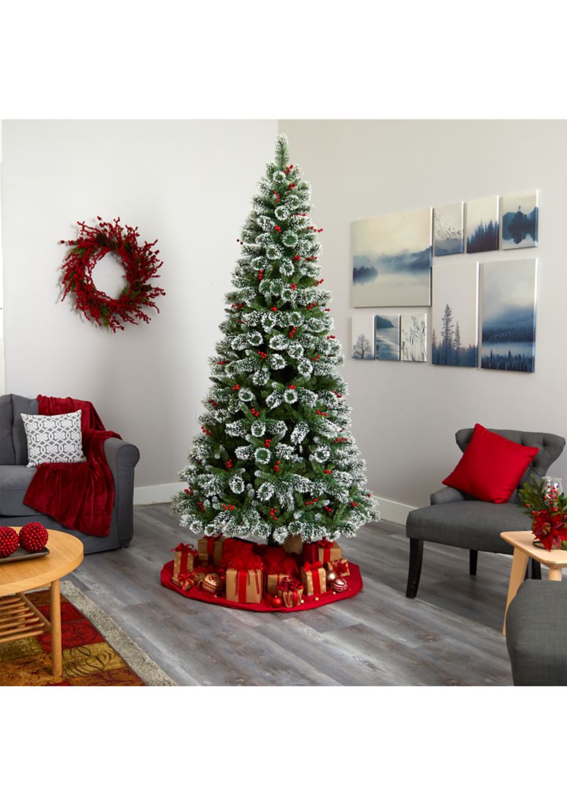 8 Foot Frosted Swiss Pine Artificial Christmas Tree with 550 Clear LED Lights and Berries